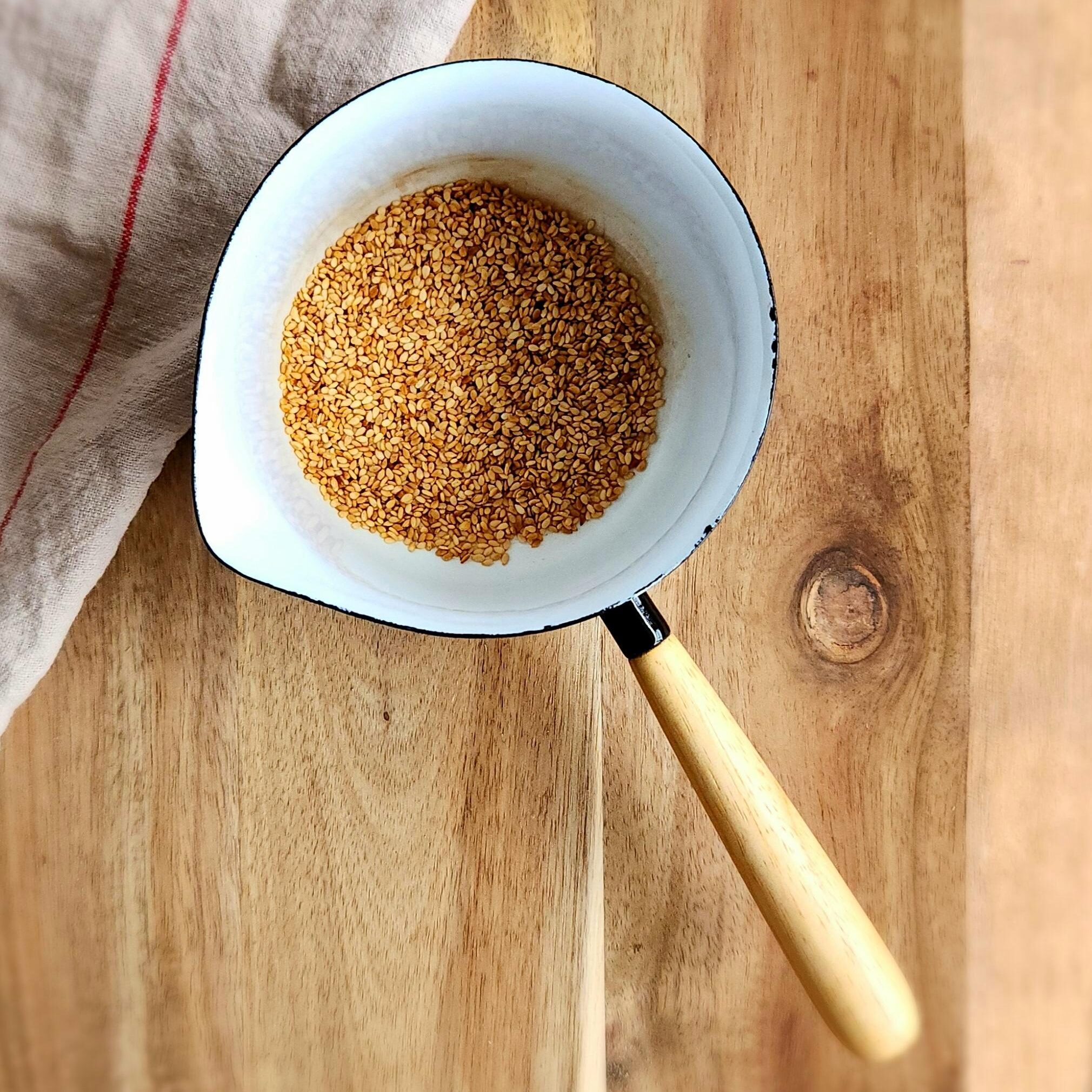 toasted sesame seeds in saucepan